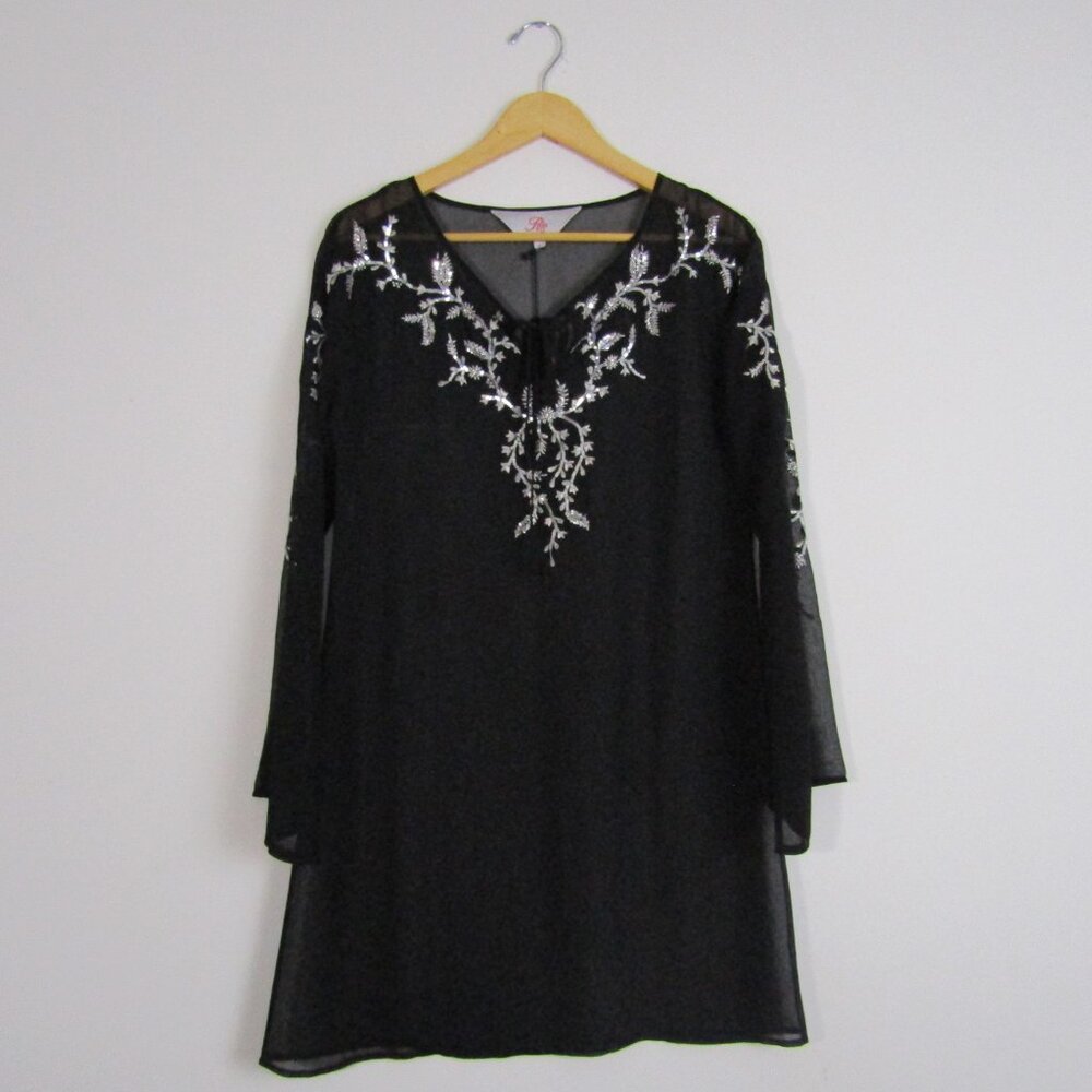 Roja Women's Tunic Top Small Black Sheer Embroidered Boho Maximalist Coastal NWT